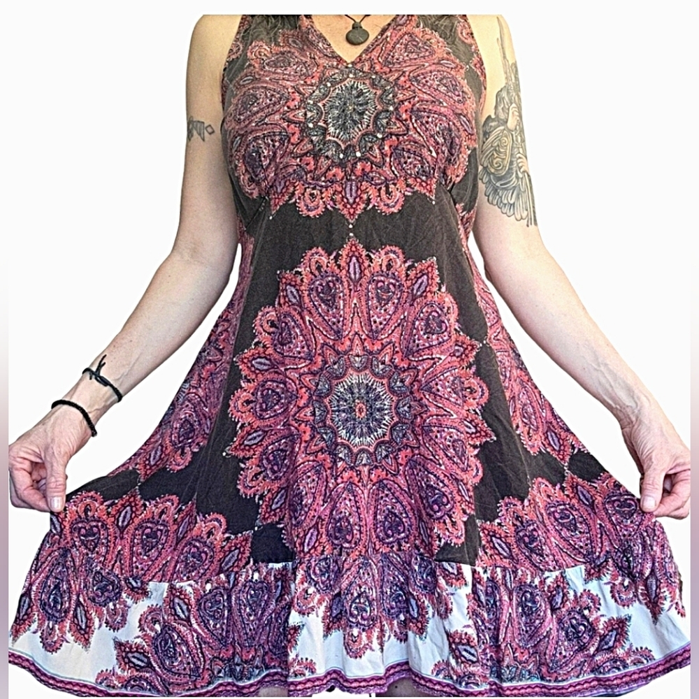 Womens Red Brown Sleeveless Nostalgia Summer Dress With Geometric Paisley Print